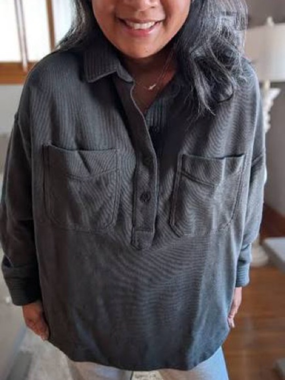 Aerie Oversized Button Popover Shirt in Charcoal Gray